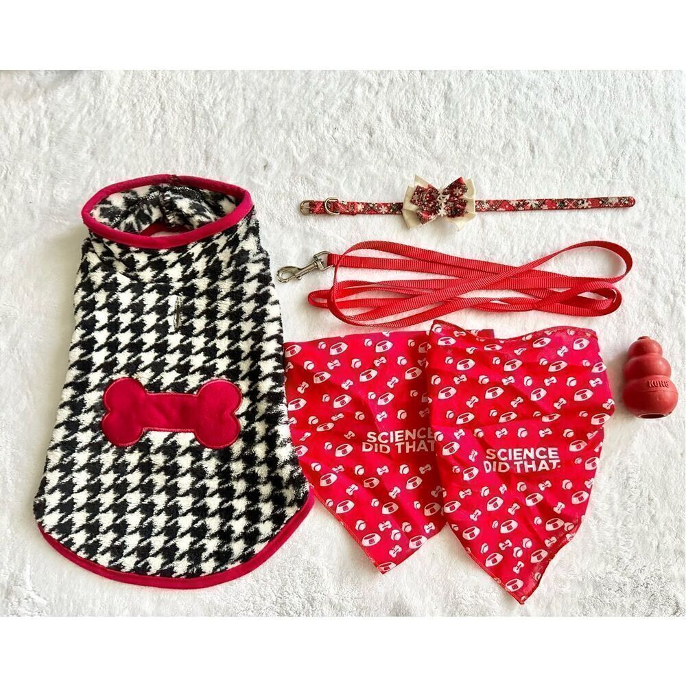Red dog supply set - black and white houndstooth with red sweater, red leash, re